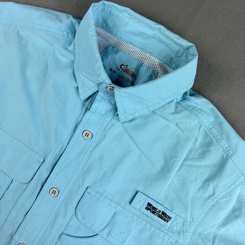 World Wide Sportsman Shirt Mens Medium Blue Short Sleeve Fishing Outdoor Comfort